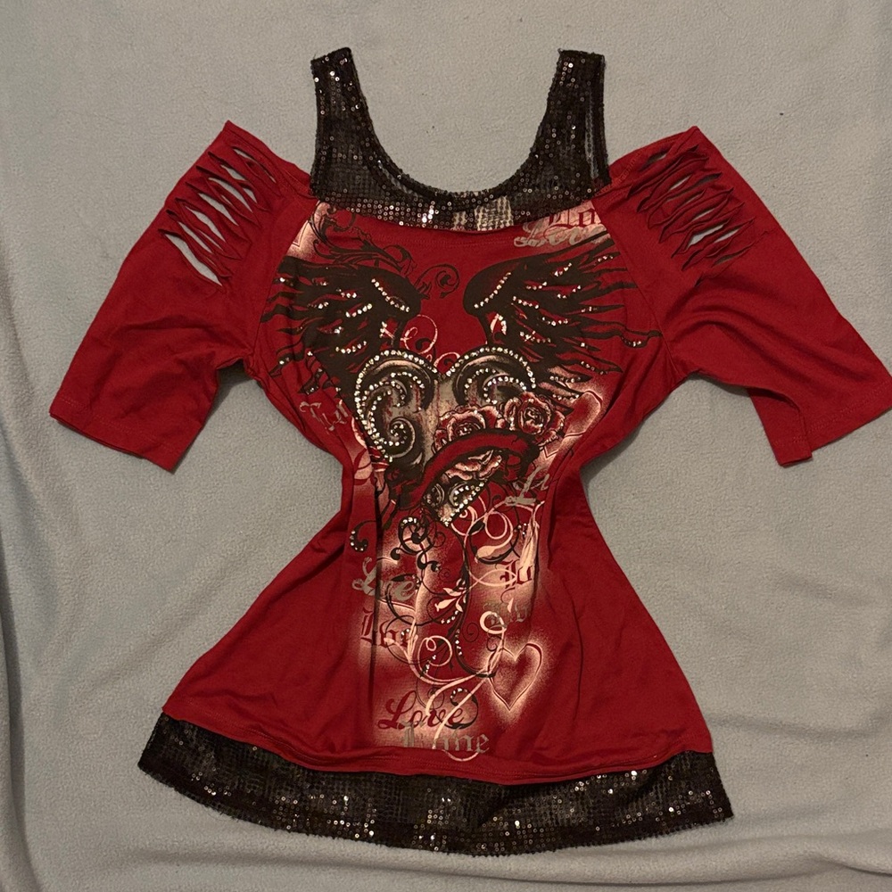 BONGO Red and Black Graphic Blouse